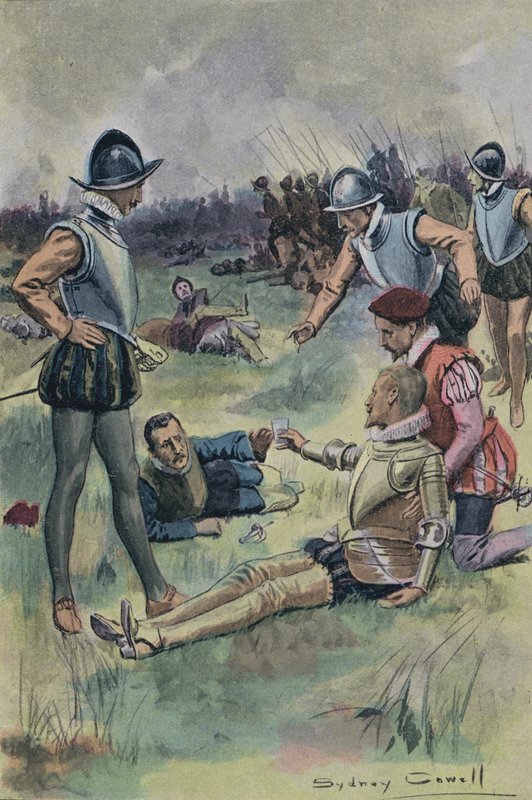 Sir Philip Sidney oferecendo sua água para outro soldado ferido na Batalha de Zutphen, Holanda, 1586 de English School