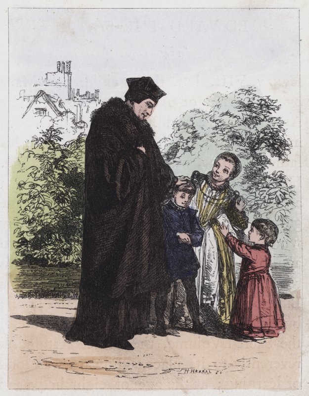 Sir Thomas More e seus filhos (gravura colorida) de English School