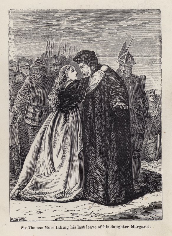 Sir Thomas More a tirar a sua última licença da filha Margaret Roper (gravura) de English School