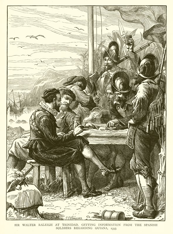 Sir Walter Raleigh, em Trinidad, recebendo informações dos soldados espanhóis sobre a Guiana, 1595 de English School