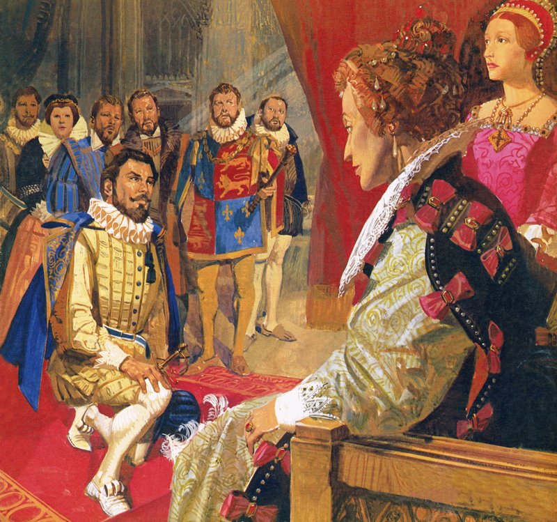 Sir Walter Raleigh antes da rainha Elizabeth de English School