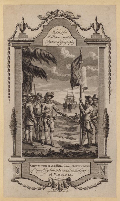 Sir Walter Raleigh ordenando que o Padrão da Rainha Isabel seja erguido na Costa da Virgínia (gravura) de English School