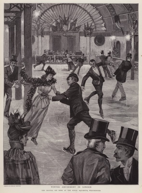 Patinagem na pista de gelo Crystal Ice Rink no Royal Aquarium, Westminster, Londres (litho) de English School