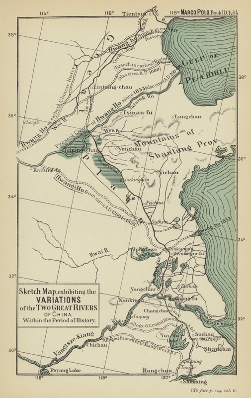 Mapa esquemático, mostrando as variações dos dois grandes rios da China no período da história (litografia a cores) de English School