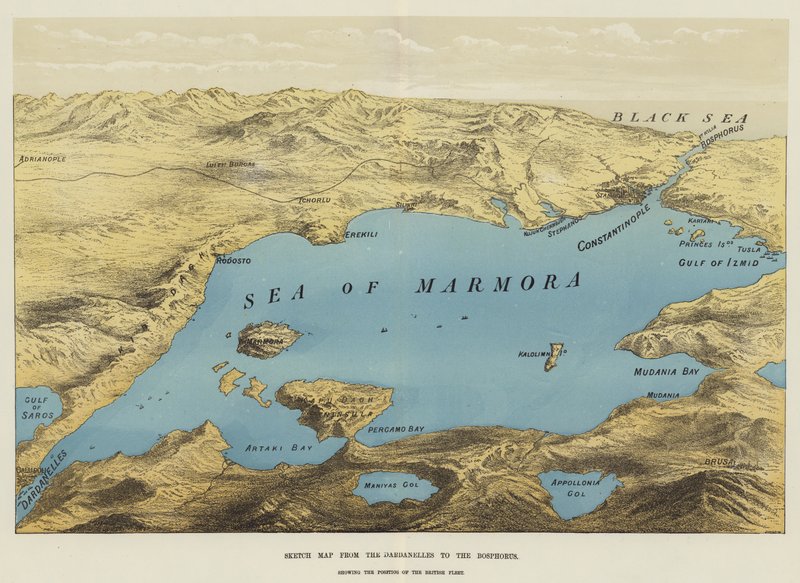 Esboço de mapa desde os Dardanelos até ao Bósforo (cromolitografia) de English School