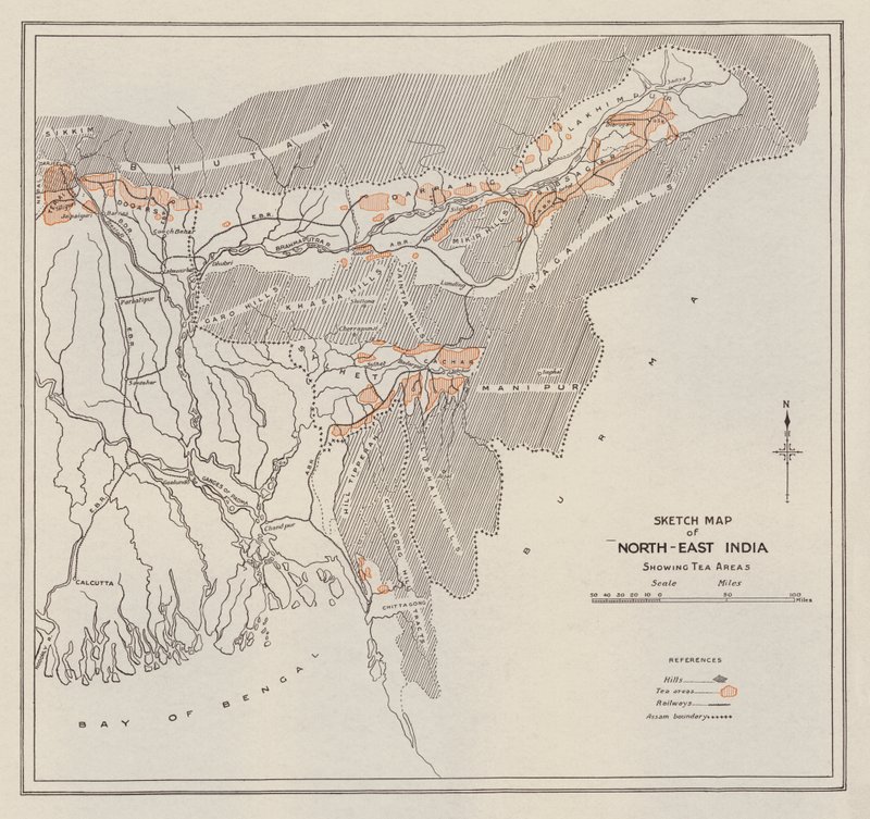 Esboço do mapa do Nordeste da Índia (litografia) de English School