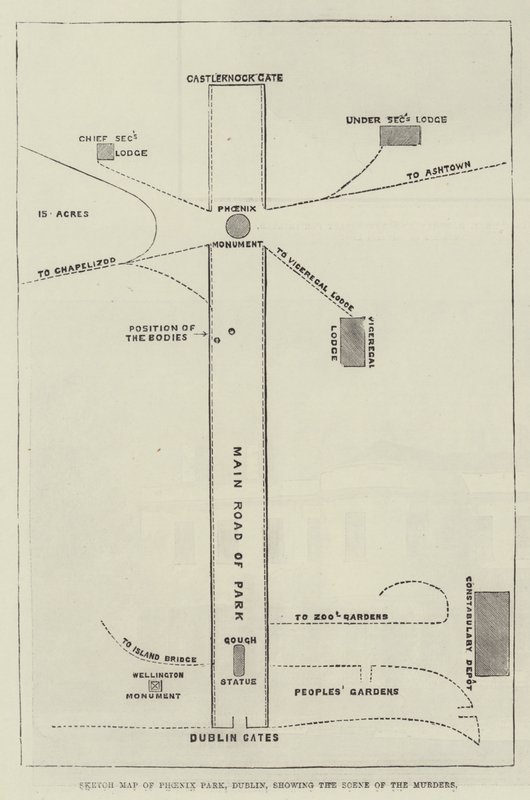 Mapa do Phoenix Park, Dublin, mostrando a Cena dos Assassinatos (gravura) de English School