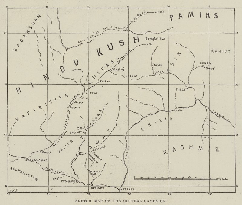 Mapa do esboço da Campanha Chitral (gravação) de English School