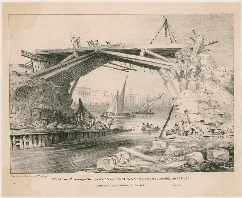 Esboço da antiga ponte de Londres durante a sua demolição em 1831, 1832 de English School