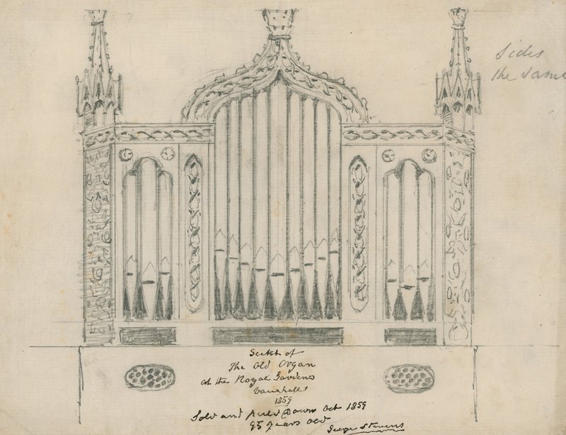 Esboço do antigo órgão nos jardins reais (Vauxhall Gardens, Londres) de English School