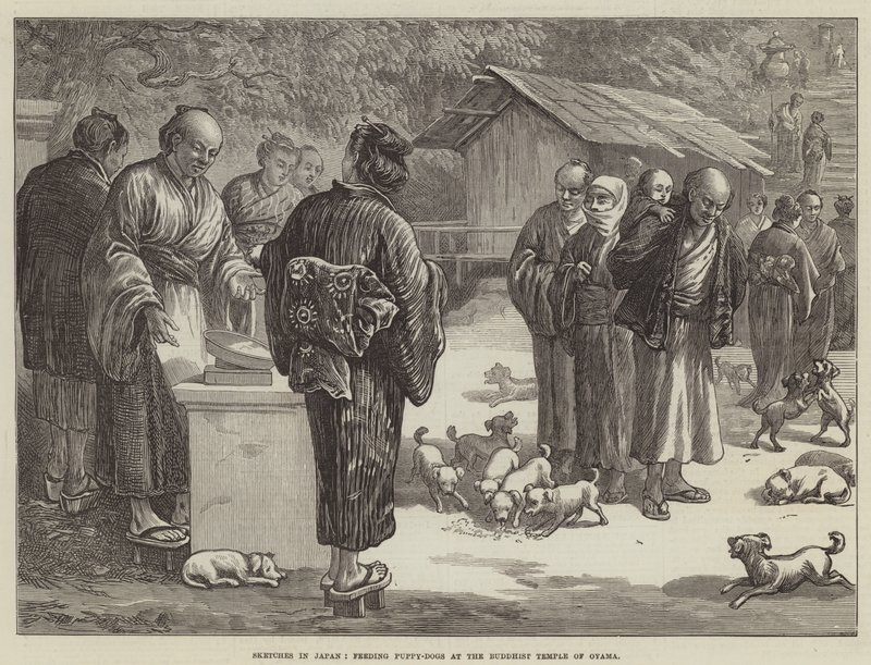 Esboços no Japão, alimentando cachorrinhos no Templo Budista de Oyama (gravura) de English School