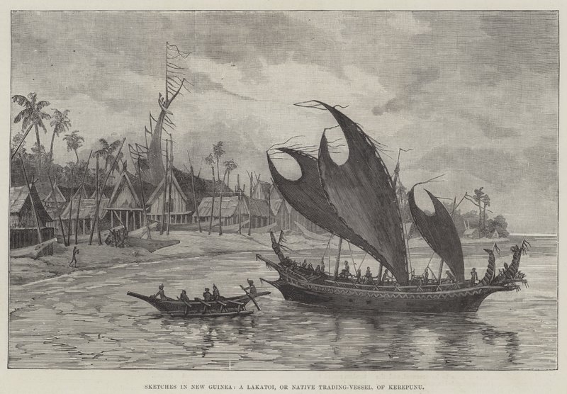 Esboços na Nova Guiné, um Lakatoi, ou Native Trading-Vessel, de Kerepunu (gravura) de English School