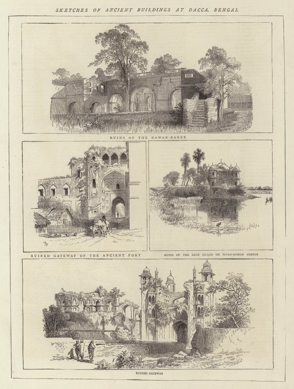Esboços de Edifícios Antigos em Dacca, Bengala (gravura) de English School