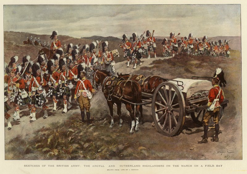Esboços do Exército Britânico, os Argyll e Sutherland Highlanders em Marcha num Dia de Campo (litografia a cores) de English School