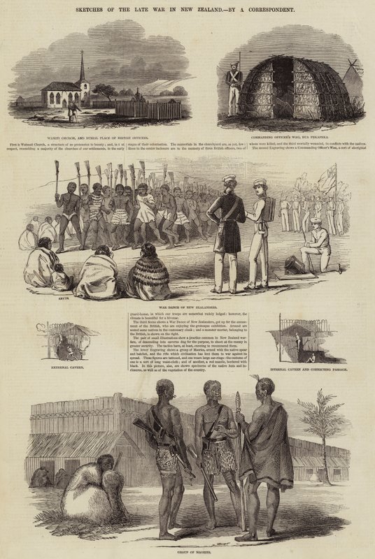Esboços do fim da guerra na Nova Zelândia (gravura) de English School