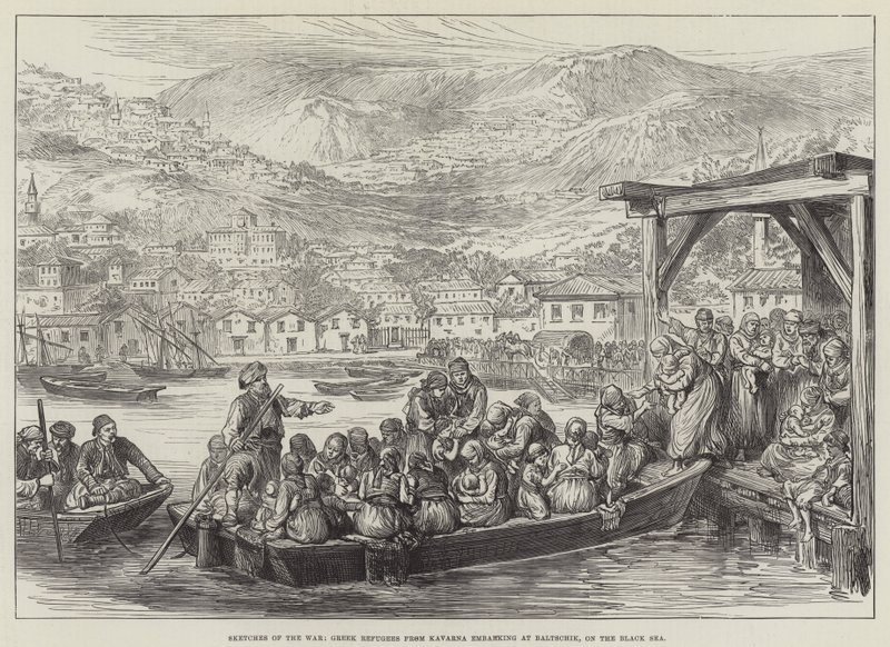 Esboços da Guerra, Refugiados gregos de Kavarna embarcando em Baltschik, no Mar Negro (gravura) de English School