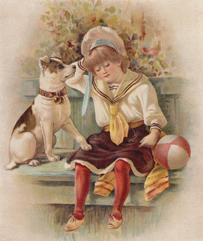 Menina adormecida e o seu cão (cromolitho) de English School