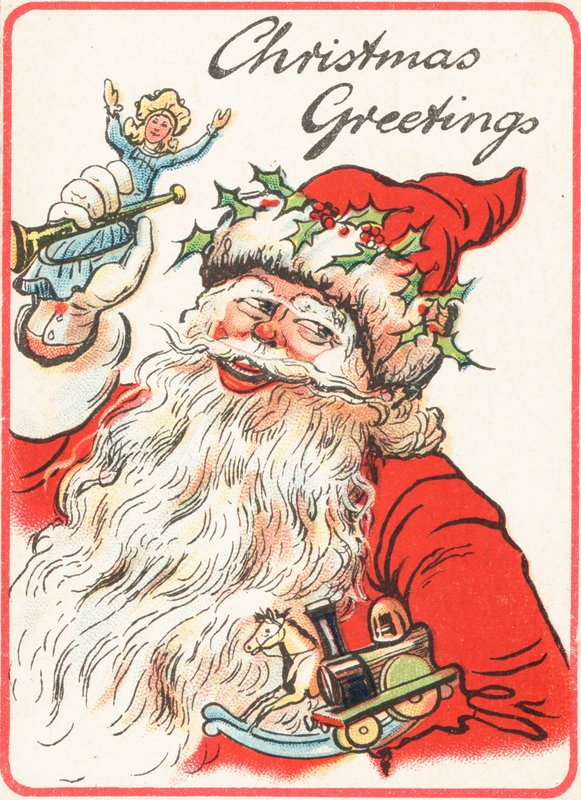 Santa sorridente segurando brinquedos, cartão de Natal de English School