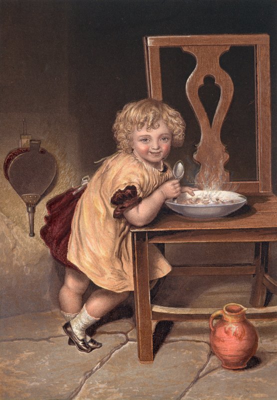Criança sorridente a comer uma refeição numa cadeira (litografia a cores) de English School