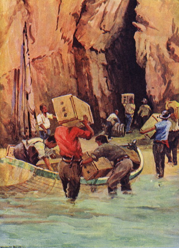 Contrabandistas escondendo seu contrabando em cavernas (lito colorido) de English School