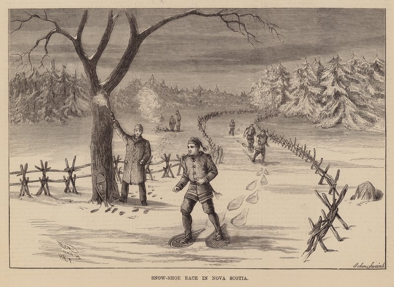 Corrida com raquetes de neve na Nova Escócia (gravura) de English School
