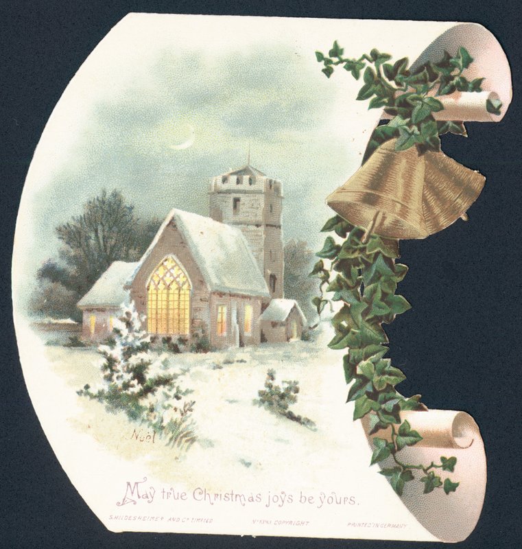 Cena da neve e igreja, cartão de Natal de English School