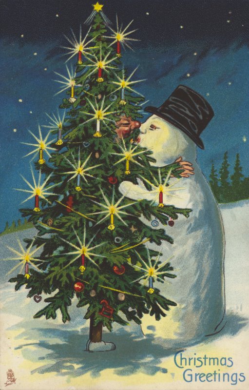 Beijos de boneco de neve e de árvore de Natal (chromolitho) de English School