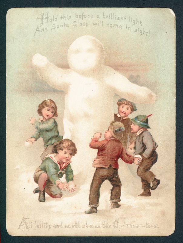 Boneco de neve, crianças e bolas de neve, cartão de natal de English School