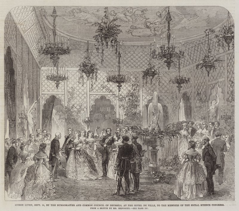 Soiree entregue, 24 de Setembro, pelo Burgomestre e Conselho Comum de Bruxelas, no Hotel de Ville, aos Membros do Congresso de Ciências Sociais (gravura) de English School