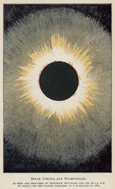 Solar Corona e Prominences, como visto e medido pelo Professor Pritchard e Sr. De La Rue (cor litho) de English School