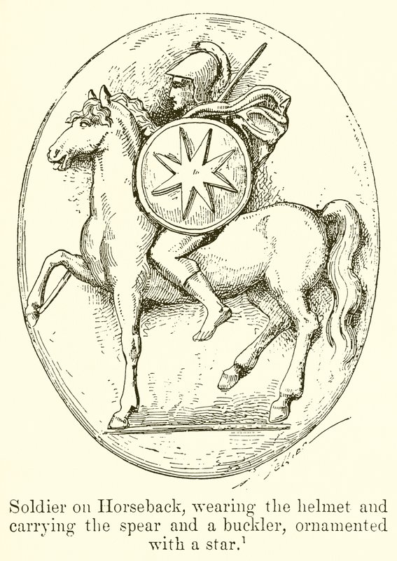 Soldado a cavalo, vestindo o capacete e carregando a lança e Buckler, ornamentada com uma estrela de English School