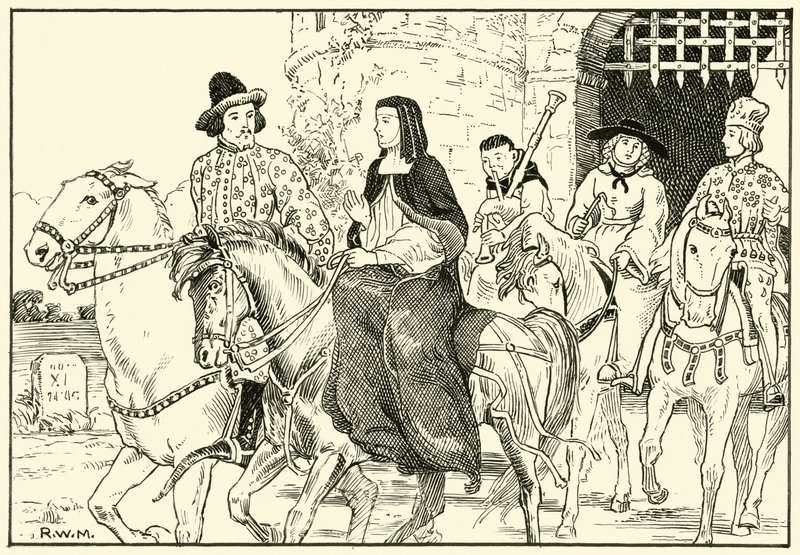 Alguns dos Peregrinos de Canterbury (tinta no papel) de English School