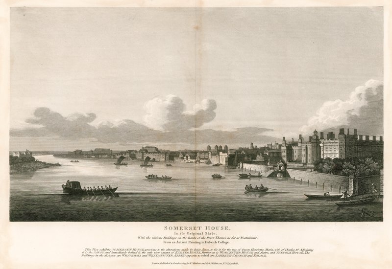 Somerset House, Londres, em seu estado original com os vários edifícios nas margens do rio Tamisa, na medida do Westminster de English School