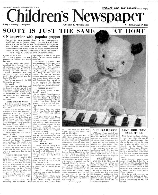 Sooty, primeira página de &39;The Children&39;s Newspaper&39;, março de 1955 (papel de jornal) de English School