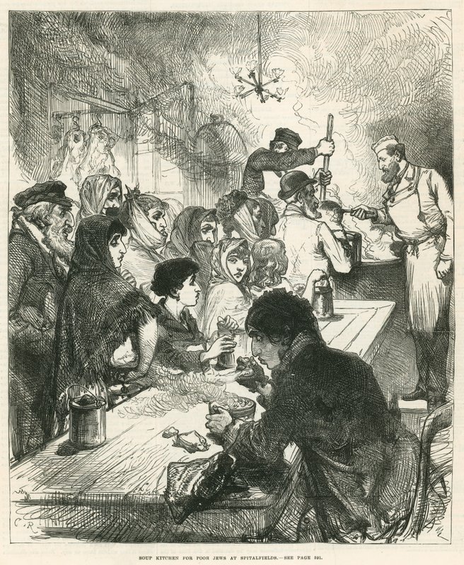 Sopa de cozinha para judeus pobres em Spitalfields, Londres de English School