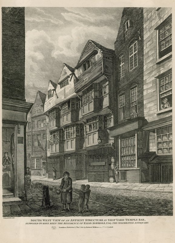 Sudoeste Vista de uma estrutura antiga no Ship Yard Temple Bar, supostamente a residência de Elias Ashmole, o célebre antiquário de English School