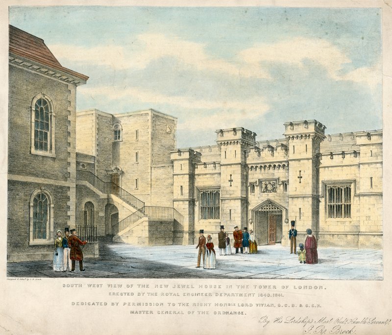 Vista sudoeste da nova casa de joias na Torre de Londres, erguida em 1840-41 de English School
