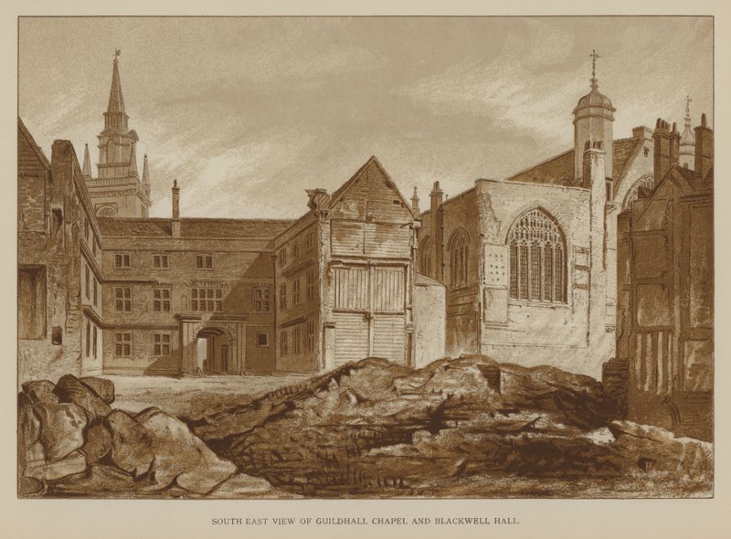 Vista Sudeste da Capela de Guildhall e Blackwell Hall, Cidade de Londres de English School