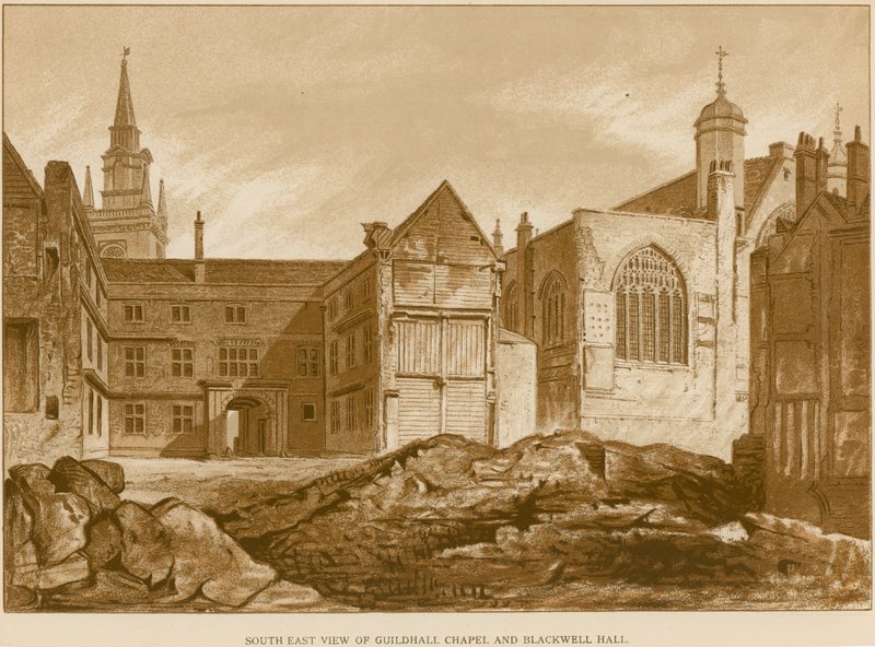 Vista Sudeste da Capela de Guildhall e Blackwell Hall, Londres de English School