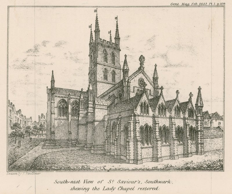Vista sudeste da Igreja de São Salvador, Southwark, mostrando a Capela da Senhora restaurada de English School