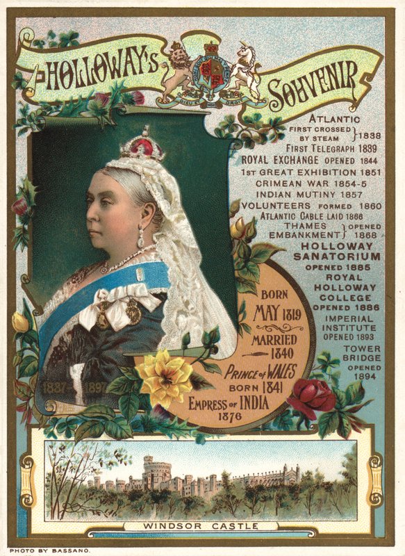 Lembrança do Jubileu da Rainha Vitória em 1897 mostrando os principais eventos durante o seu reinado (chromolitho) de English School