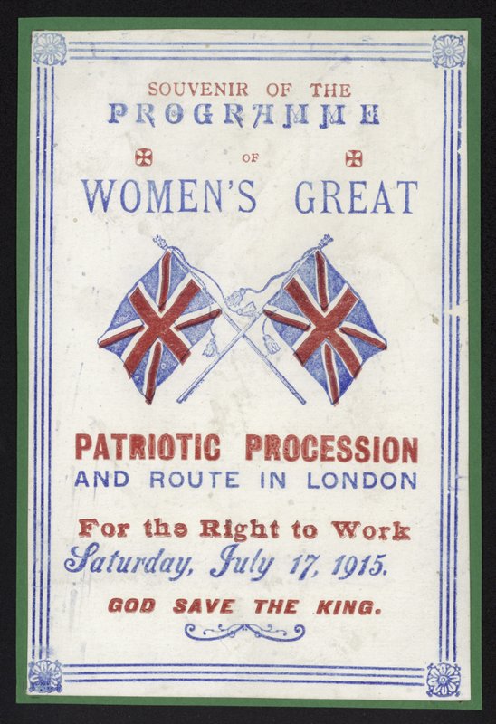 Programa de lembranças da procissão feminina pelo direito ao trabalho, Londres, 17 de julho de 1915 de English School