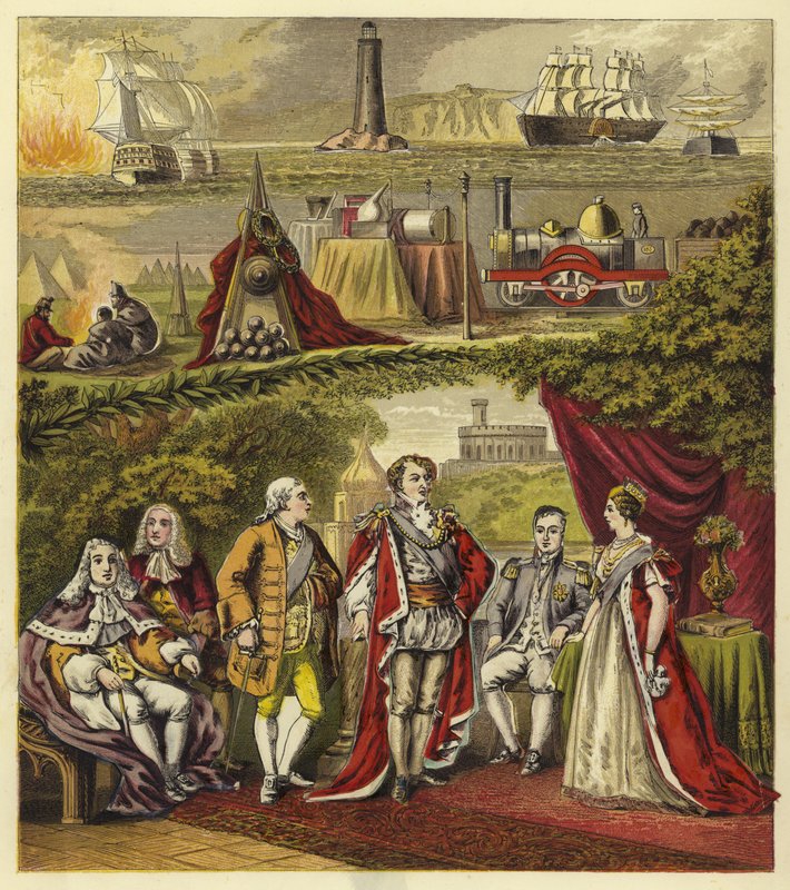 Soberanos da Casa de Hanover; Rei Jorge I, Rei Jorge II, Rei Jorge III, Rei Jorge IV, Rei Guilherme IV, Rainha Vitória de English School