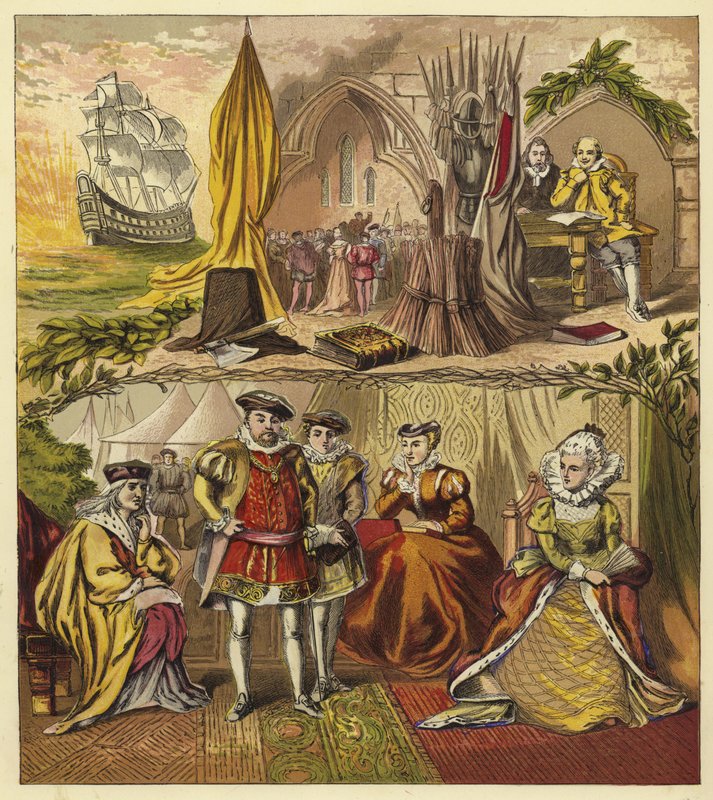 Soberanos da Linha de Tudor; Rei Henrique VII, Rei Henrique VIII, Rei Eduardo VI, Rainha Maria, Rainha Elizabeth I de English School