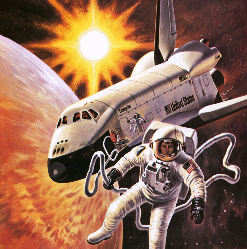Traje espacial, como imaginado em 1977 de English School