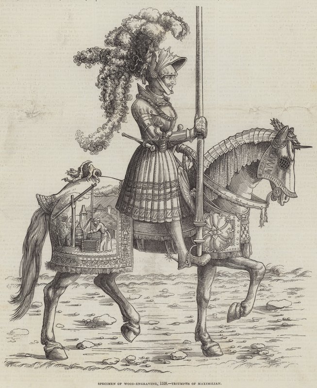 Espécime de madeira-gravura, 1518, triunfos de Maximiliano de English School
