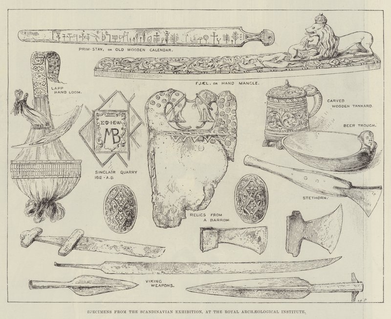 Espécimes da Exposição Escandinava, no Royal Archaeological Institute (gravura) de English School