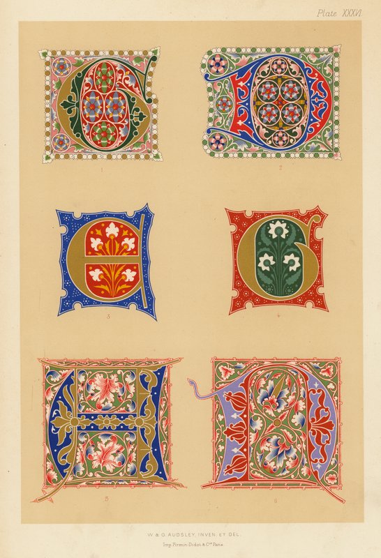 Espécimes de iniciais iluminadas dos séculos XIV e XV (litografia a cores) de English School