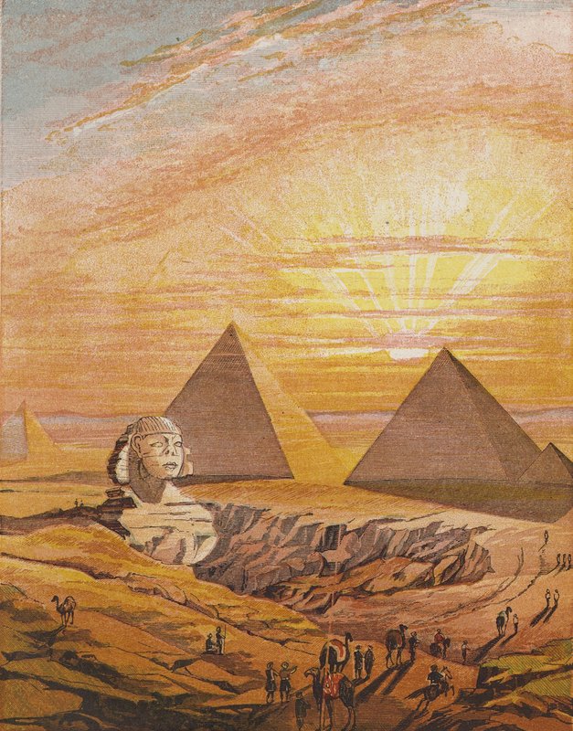 Esfinge e Pirâmides de Gizé, Egipto (litografia a cores) de English School