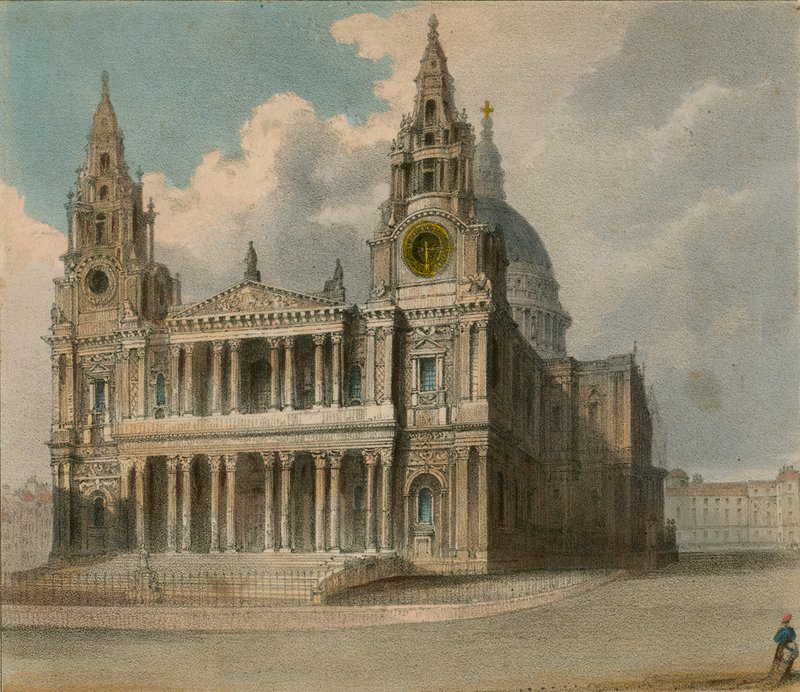 Spooners Protean Views: St Pauls Cathedral, mostrando os estandes das Companhias da Cidade e o Christs Hospital na Queens, visita a Guildhall de English School